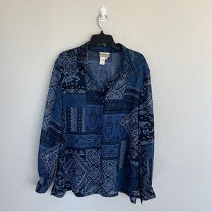 Coldwater Creek Blue Paisley Western Button Down Blouse Size Large